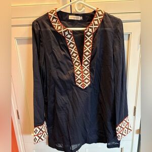 Tory Burch Navy Tunic with Geometric Embroidery